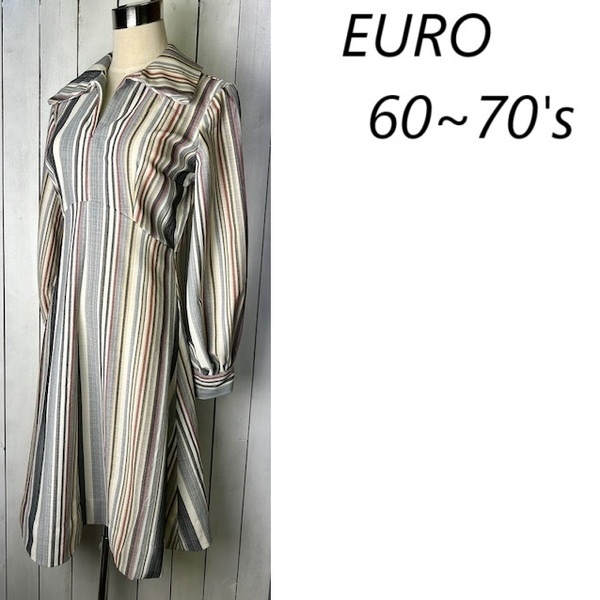ヨーロッパ古着 60s~70s ストライプフレアワンピース S~M グレー系 オールド ヴィンテージ ユーロ ドレス 春夏秋 膝下丈 ★269