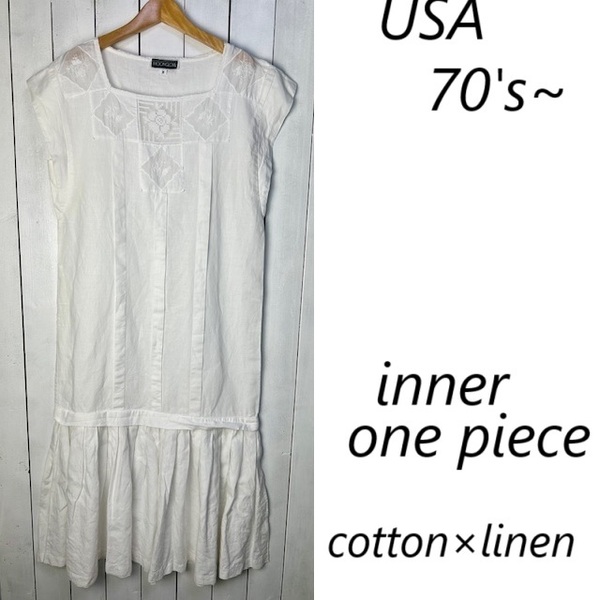 USA古着 70s~ USA製 リネンコットン インナーワンピース ペチコート M~L 白 ロング オールド ヴィンテージ アメリカ ノースリーブ ★271