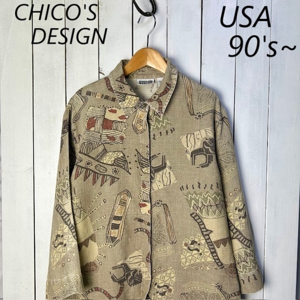 sh●860 USA古着 90s~ CHICO'S DESIGN 総柄 比翼リネンシャツ ブラウス 1 M~L 8部袖 オールド ヴィンテージ チコズデザイン 春夏 麻