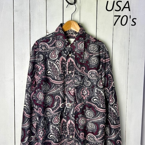 sh●862 USA古着 70s ペイズリー総柄レトロシャツ M オールド ヴィンテージ アメリカ古着 長袖 やや薄手 DAMON