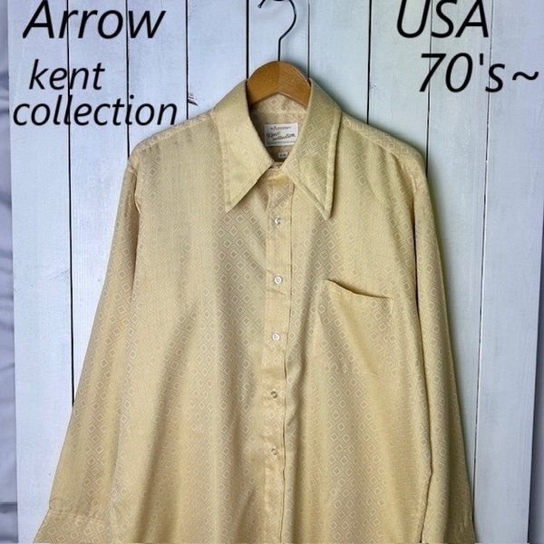 sh●863 USA古着 70s USA製 Arrow 総柄織りシャツ 17 シャンパンゴールド オールド ヴィンテージ アメリカ古着 長袖 アロー XL