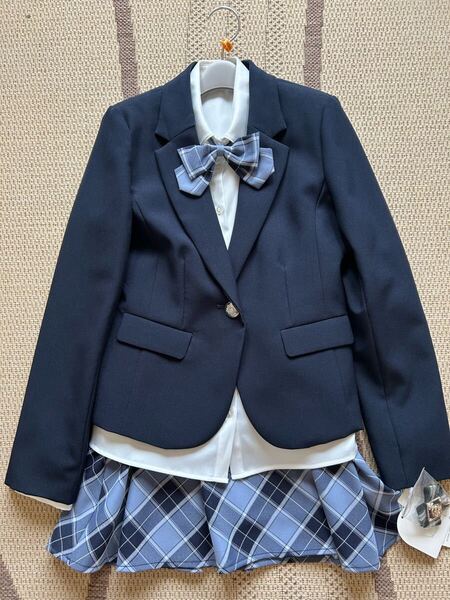 ☆新品タグ付き フォーマルスーツ5点セット 160 ネイビー 水色 チェックスカート 冠婚葬祭 卒業式