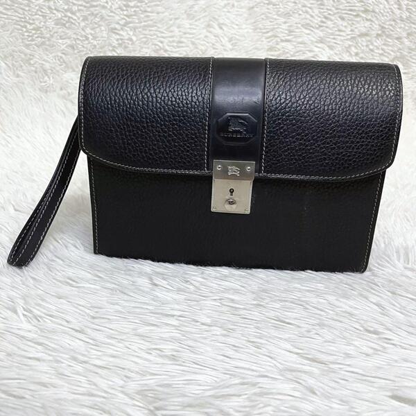 美品 BURBERRY LONDON バーバリー ホースロゴ ノバチェック オールレザー シボ革 セカンドバッグ クラッチバッグ 鍵付 カギ ハンドバッグ