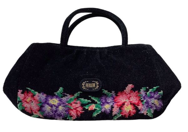 【美品】フェイラー 花柄 ポーチ シュニール織 ブラック ハンド バッグ