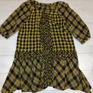 A.T春秋向けイエローチェック七分袖チュニック()レディース38)★送料無料★
