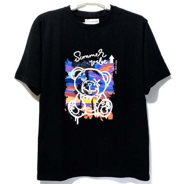 特価/未使用【サイズ=LL(XL)】 アメカジ/ベアー×サーフプリント/メンズ/半袖/Tシャツ/胸囲=104~112cm/black