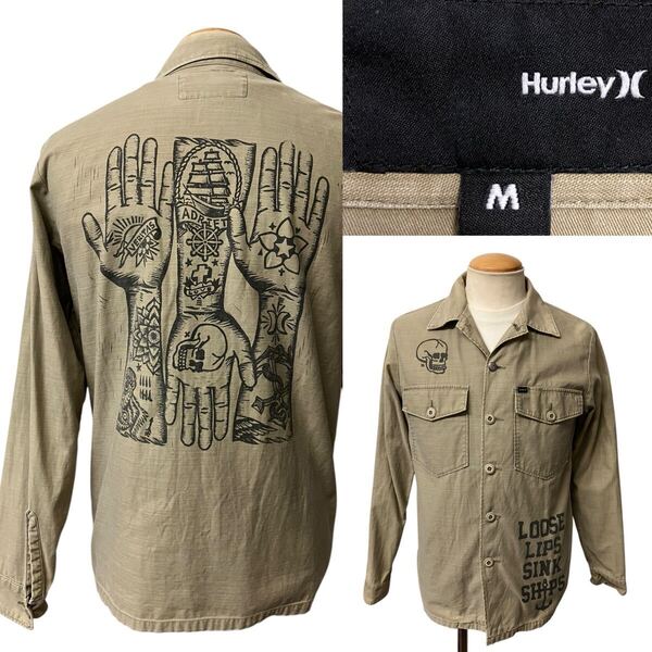 雰囲気抜群 Hurley ハーレー タトゥー ハンドペイント ミリタリー シャツ ジャケット M カーキ ビンテージ ヴィンテージ xpv