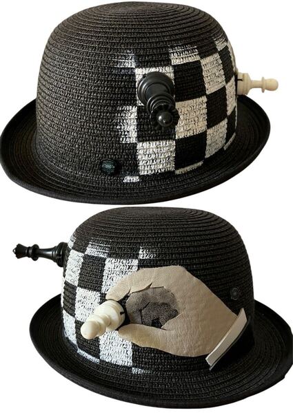 美品 個性的! Fish Born Chips フィッシュボーンチップス チェス ストロー ボーラー ハット 黒 頭周り58cm ハンドメイド 作家 xpv