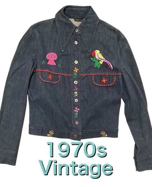 超希少 70s ビンテージ BLUSHBOTTOMS 刺繍 デニム ジャケット レディース M相当 インディゴ Gジャン ジージャン ヴィンテージ xpv