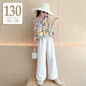 新品未使用 130cm〔#BMバルーントップスセットアップ〕ボタニカル柄 ワイドパンツ フレアパンツ リラックス リゾートウェア 子供女の子夏