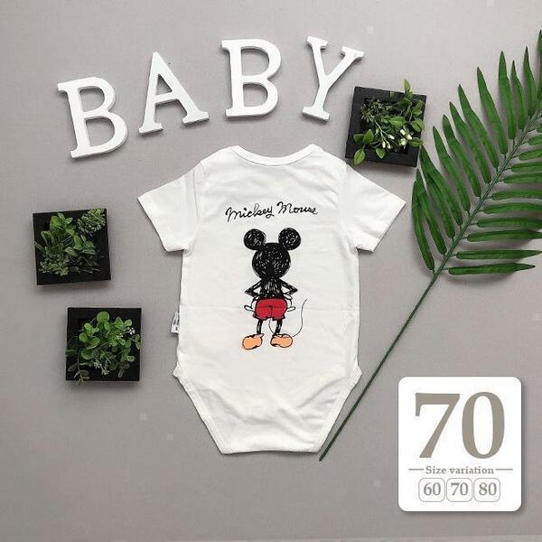新品未使用 70cm ホワイト〔#BMミッキーロンパース〕ディズニー 半袖 Tシャツ ペア 親子コーデ 男の子 女の子 ベビー キッズ 子供 パジャマ