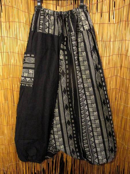 【SALE】⑧新品*男女兼用*コットン素材*黒色+和風プリント*切り替え*ふんわり*サルエルパンツ
