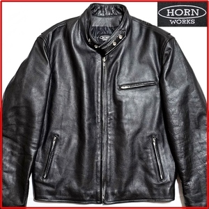 即決★HORN WORKS★メンズ3L レザーライダースジャケット ホーンワークス 本革 ブラック 黒 シングル ライディング バイカー 革ジャン