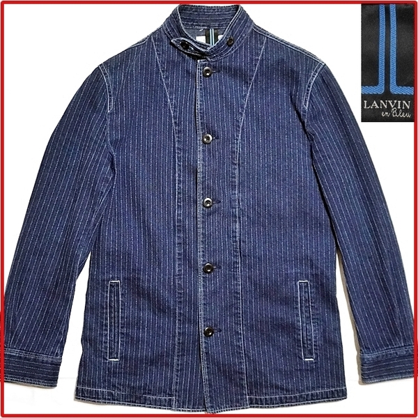 即決★LANVIN en Bleu★メンズ48≒L位 デニムジャケット ランバン ストライプ インディゴ Gジャン コットン100% アウター
