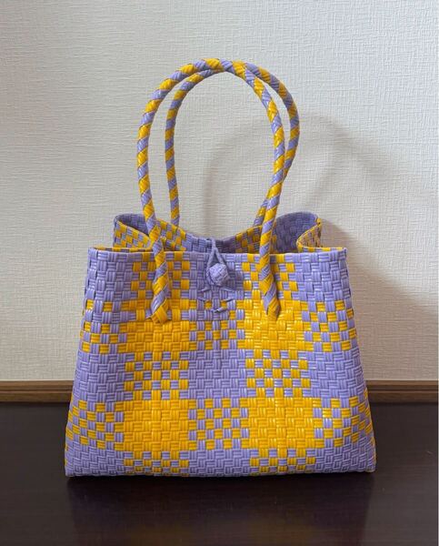プラカゴ メルカド トートバッグ マルシェバッグ ハンドメイド ビニールバッグ 軽量 Lサイズ パサールバッグ イエロー×ラベンダー