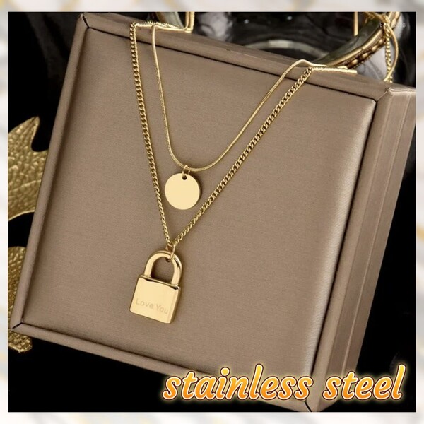 新品 ステンレス ネックレス ペンダント カジュアル ゴールド アクセサリー Stainless steel 南京錠風 女性 レディース 2連