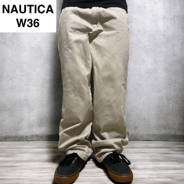 NAUTICA ノーティカ チノパンツ ベージュ w36 古着 メンズ 刺繍 デッキパンツ 極太パンツ ワークパンツ ノーチカ カーキ オーバーサイズ