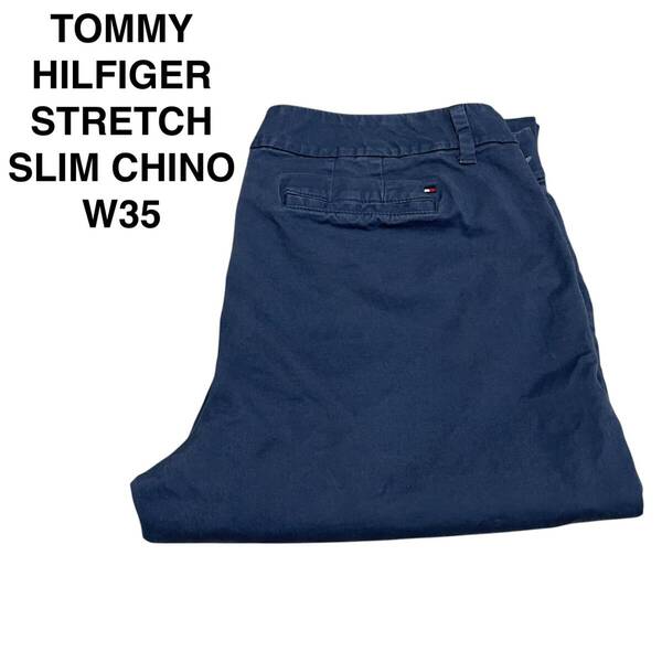 TOMMY HILFIGER トミーヒルフィガー ストレッチスリムチノパンツ スラックス ブルー 青 w35 古着 中古品 ボトムス