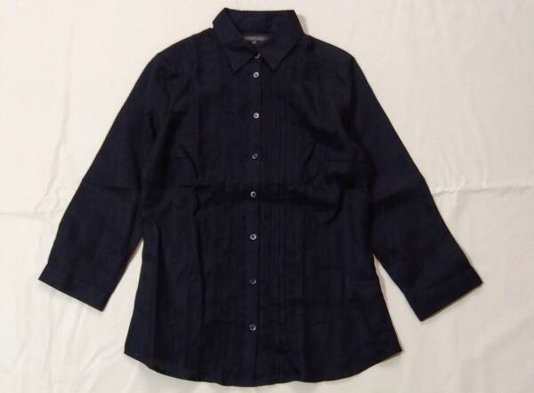 ユニクロ リネンシャツ PREMIUM LINEN ギャザー フレンチリネン100% 麻 七分袖 レディース M 黒ブラック 7583