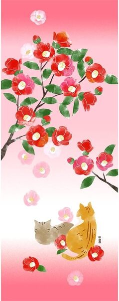 濱文様 絵てぬぐい 姫椿と猫 冬 手拭い 手ぬぐい 34×90cm 日本製