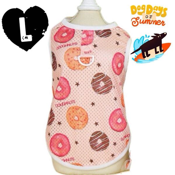 L メッシュ ドーナツ柄 ベスト (ピンク) 犬服 犬の服 タンクトップ 猫服 小型犬 リードフック付き ペット服 ペット用品 ドッグウェア 夏