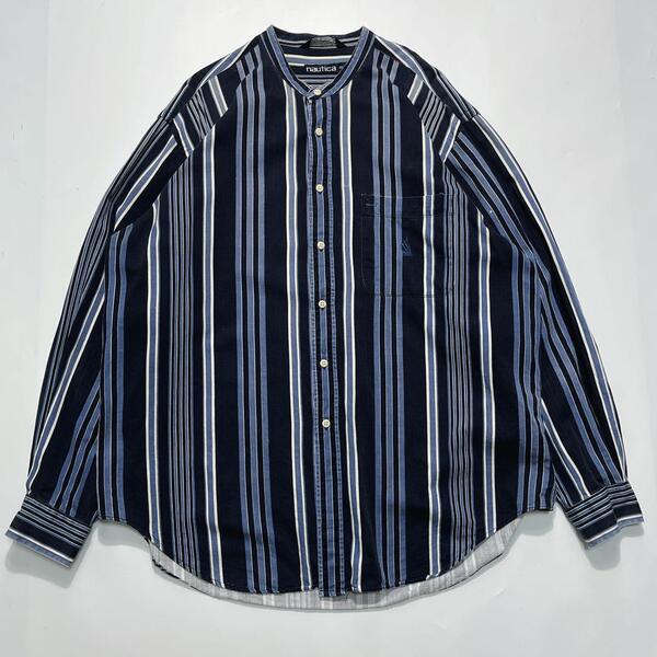 90's nautica ノーティカ USA製 アメリカ製 バンドカラーシャツ 長袖シャツ XL 紺 ネイビー ストライプ 90年代ヴィンテージ HTK6246