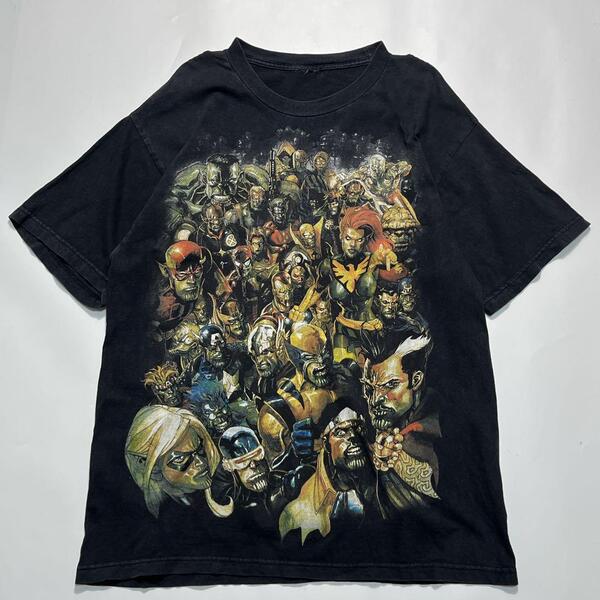 00's MARVEL マーベル ムービーTシャツ XL相当 黒 ブラック 全員集合 レアプリント Y2K HTK6338