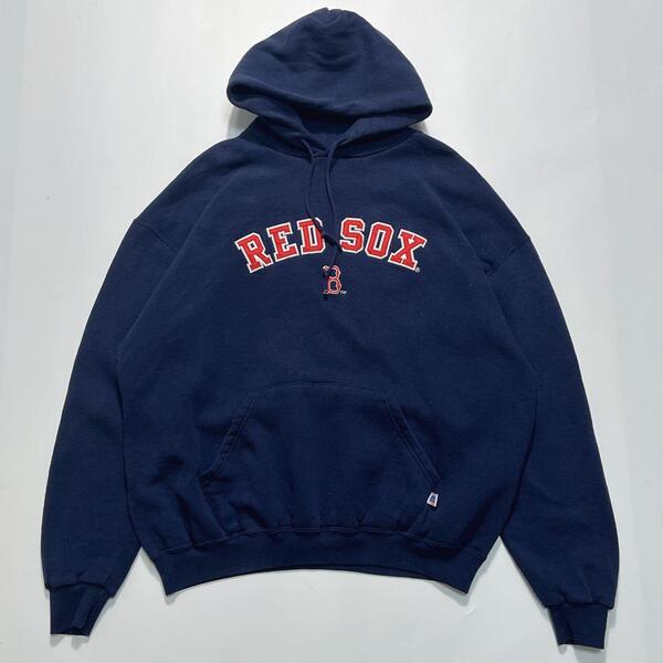 90's RUSSELL ラッセル プルオーバーパーカー フーディ MLB レッドソックス XL 紺 ネイビー 90年代ヴィンテージ HTK6365
