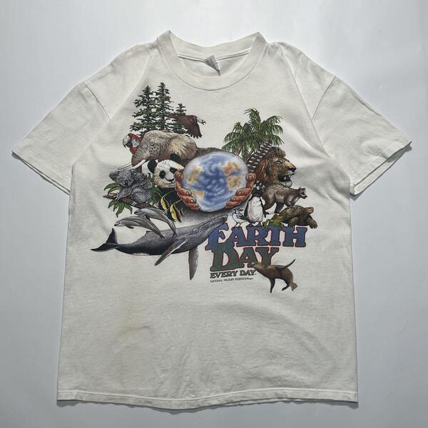 80's Stedman ステッドマン USA製 アメリカ製 ビンテージTシャツ L アイボリー アニマルプリント シングルステッチ HTK6498