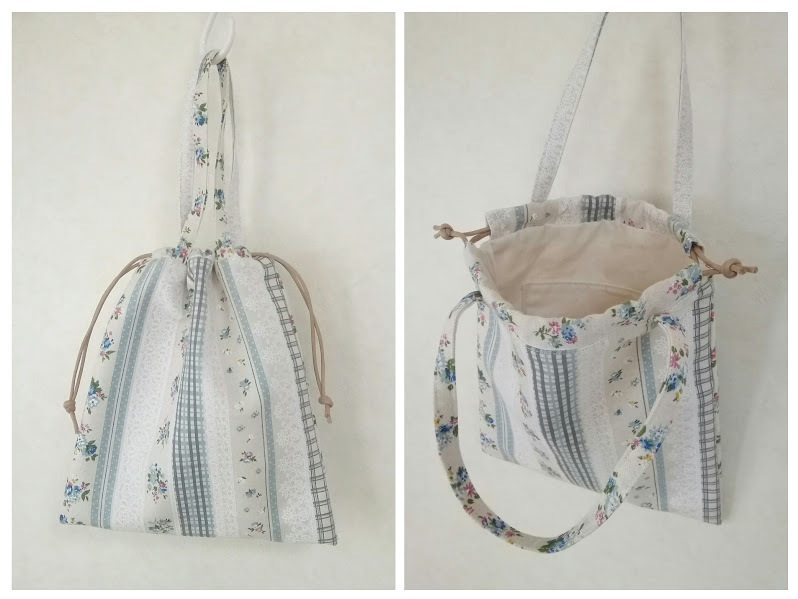 ハンドメイド 〈巾着タイプ〉ぺたんこバッグ　ナチュラル/花＊レース柄〈B５サイズ