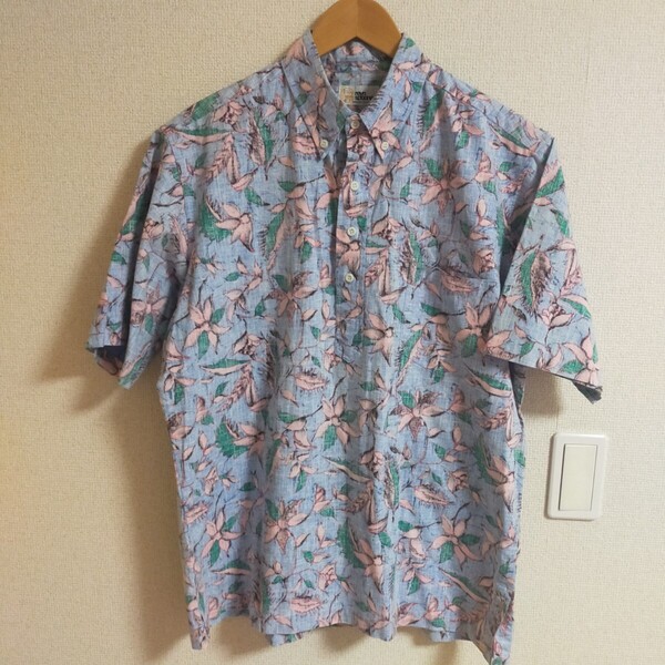 REYN SPOONER レインスプーナー 金タグ 乳首無し 80s 80年代 アロハシャツ プルオーバー M相当 ブルー(青)