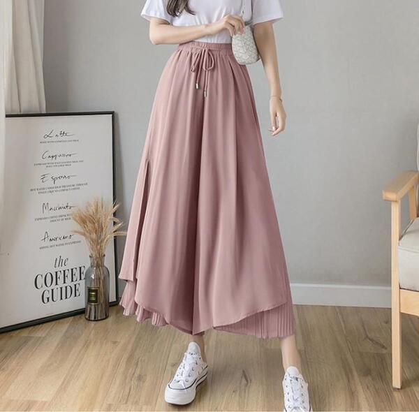 【M】シフォン レディース プリーツ スカーチョ ワイドパンツ くすみピンク おしゃれ カジュアル 春夏 N20-35