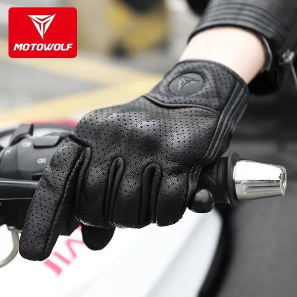 MOTOWOLF バイクグローブ スマホ対応 サイクリンググローブ 革手袋 レザー 新品 ブラック メッシュ XLサイズ