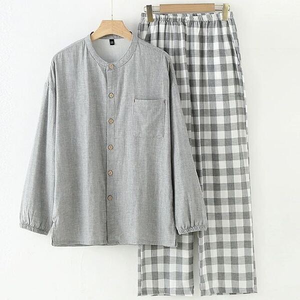 パジャマXLメンズ 綿100%長袖綿ダブルガーゼ春夏向き前開き上下セット