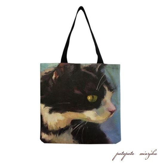 ハチワレ 猫 トートバッグ エコバッグ 油絵風 雑貨 パタミン 小物 バッグ 猫 ネコ ねこ