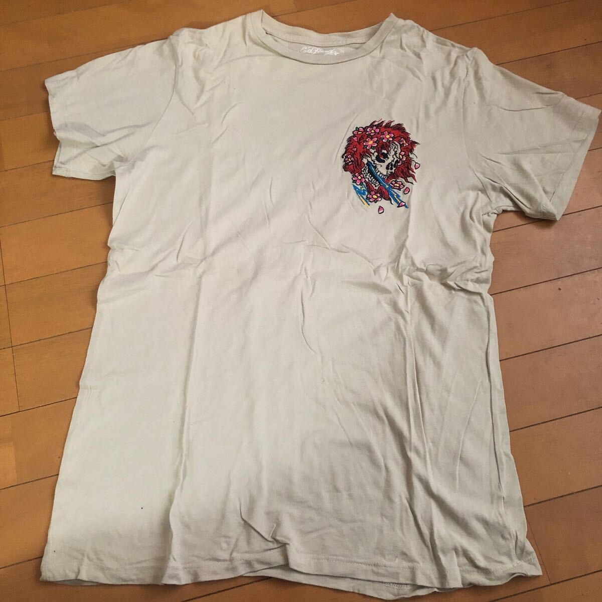 超激レア エドハーディースカル刺繍Tシャツ 中古品 Mサイズ ベージュ スカル 