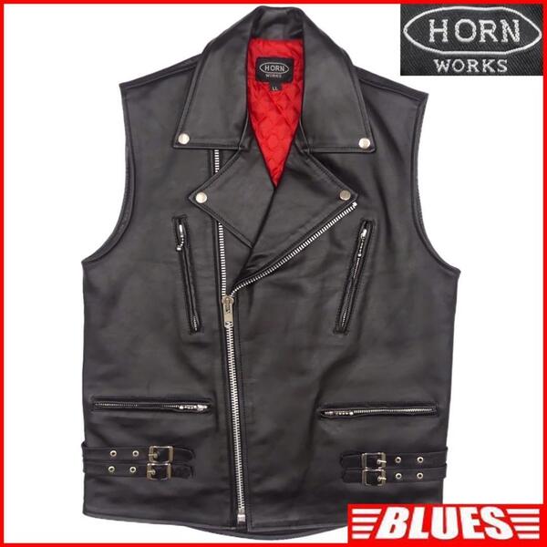 即決★HORN WORKS★メンズ XL レザーベスト ジレ ホーンワークス 黒 本革 ライダース 皮 パンクロック ジャケット ライディング ツーリング