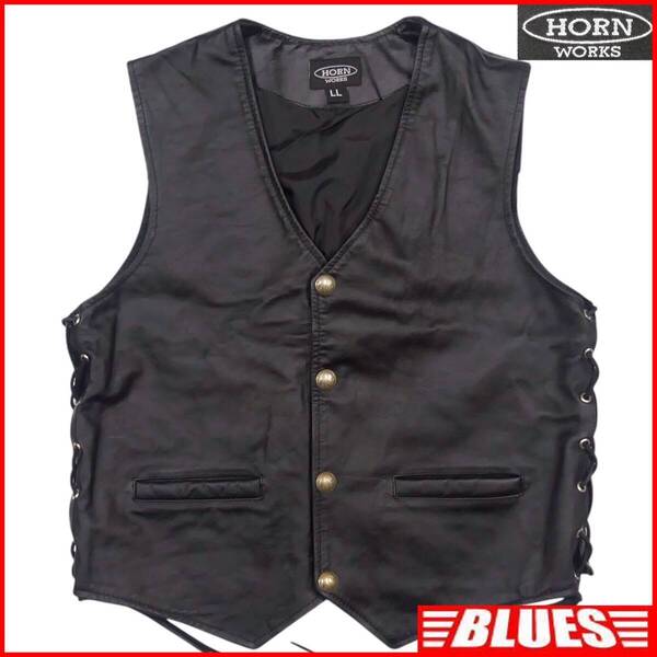 即決★HORN WORKS★メンズ XL レザーベスト ジレ ホーンワークス 黒 本革 ライダース 皮 パンクロック ジャケット ライディング ツーリング
