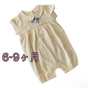 ●未使用●6-9ヶ月 イエローボーダー お花ワッペン 襟付き ロンパース