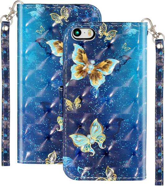 iphone 5 / 5S iphone SE (第1世代) ケース 手帳型 おしゃれ 可愛い 3D プリント 輝く 絵柄 ストラップ 付 キラキラ スマホケース (蝶々)