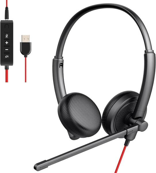 マイク付きヘッドホン USBヘッドセット 3.5mm 4極端子 USB接続可能 有線ヘッドセット ノイズキャンセリング ブラック (ブラック&レッド)