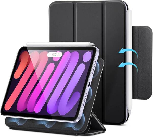 ESR iPad miniスリム 三つ折り2WAYスタンド 強力マグネット アタッチメント 耐久性保護 Pencil Pro/USB-C対応 (ブラック)