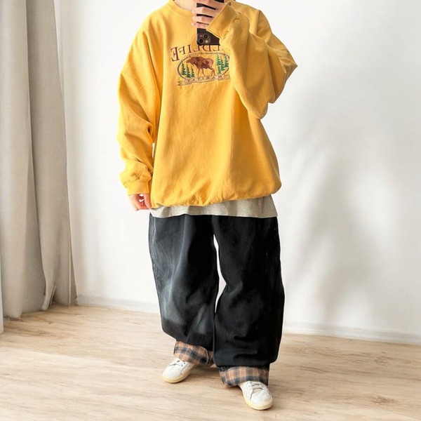 古着 FIELD&STREAM オーバーサイズ アニマル刺繍スウェット 鹿柄 動物柄 トレーナー イエロー 黄色 メンズ2XL / 3059