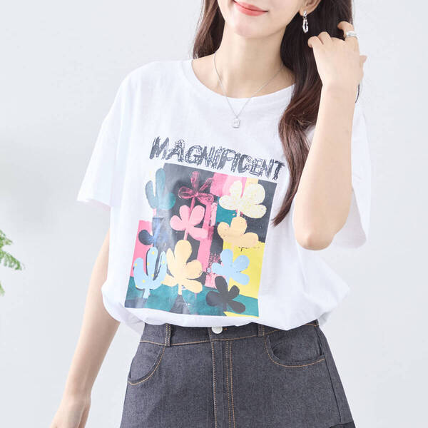 新品☆トップス M~L カラフルプリント Tシャツ レディース カットソー 半袖 コットン かわいい 夏/ホワイト 白/12403261