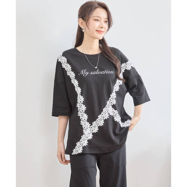 新品☆M~L レースリボン使い プリントデザイン カットソー レディース 6分袖 オシャレ きれいめ 春夏/ブラック 黒/12076801