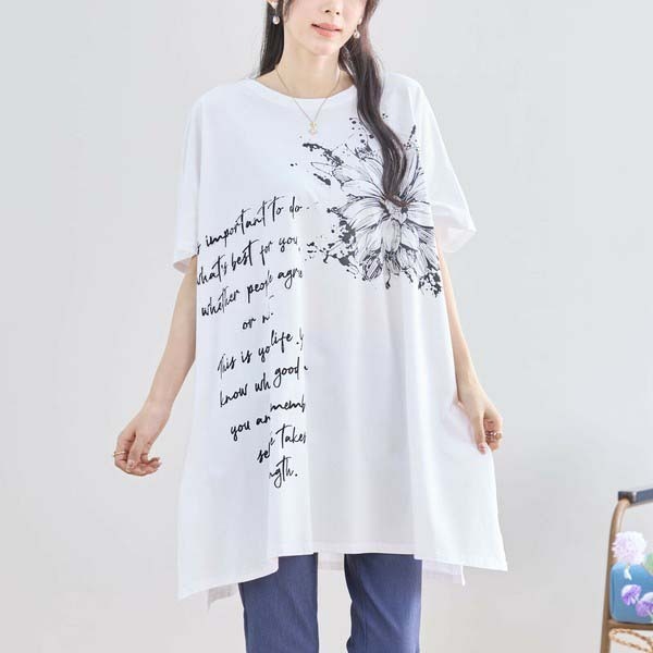 新品☆L〜LL 大きいサイズ ラインストーン付 フラワー英字 チュニック レディース きれいめ オシャレ 夏/ホワイト 白 50代/N12-343