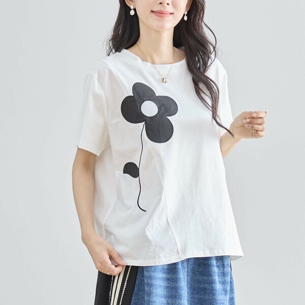 新品☆カットソー M〜L フラワーモチーフ切替 Tシャツ レディース トップス 半袖 ストレッチ 柔らか/ホワイト 白/N12-542