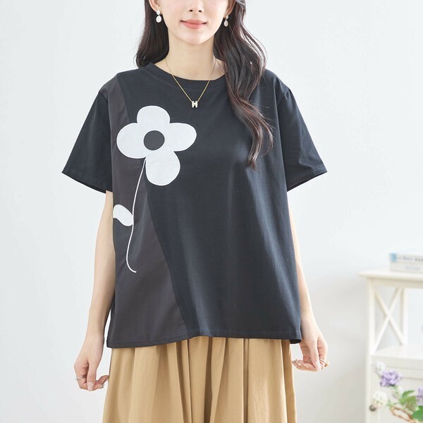 新品☆カットソー M〜L フラワーモチーフ切替 Tシャツ レディース トップス 半袖 ストレッチ 柔らか/ブラック 黒/N12-542