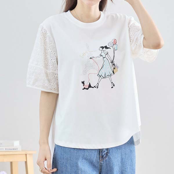 新品☆Tシャツ M〜L ガールイラスト 袖レース カットソー レディース 半袖 ストレッチ 夏 かわいい/ホワイト 白/N12-388