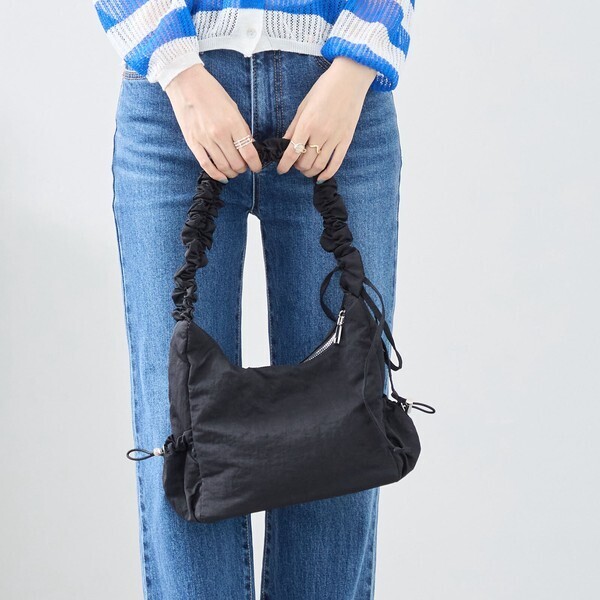 新品☆BAG ショルダーバッグ レディース 2WAY ドローコード付き デザイン ハンドバッグ/ブラック 黒/12348883